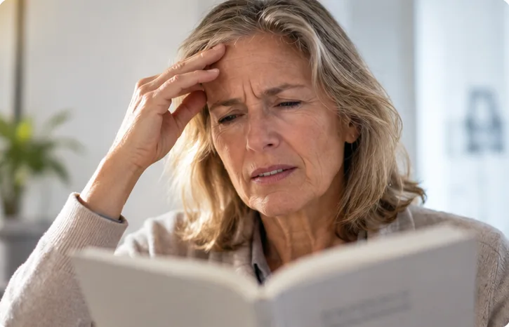 Donna che fatica a leggere un libro da vicino
