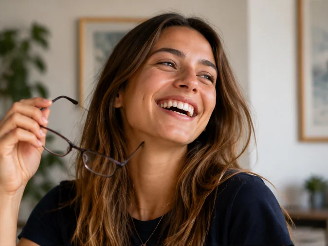 Ragazza sorridente con gli occhiali in mano dopo la correzione della miopia