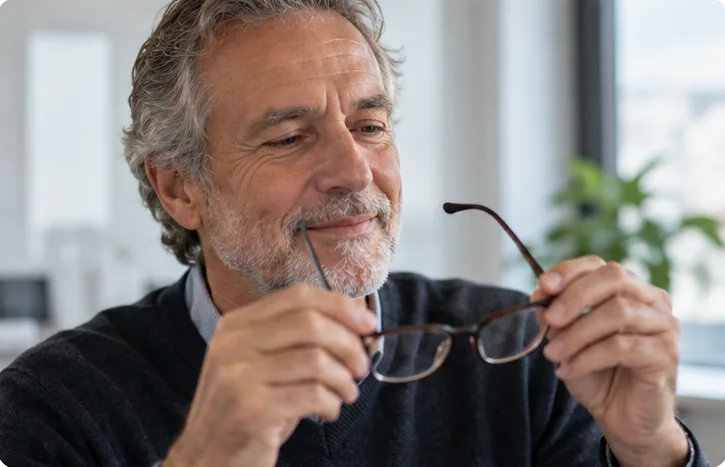 Uomo sorridente con gli occhiali da vista in mano