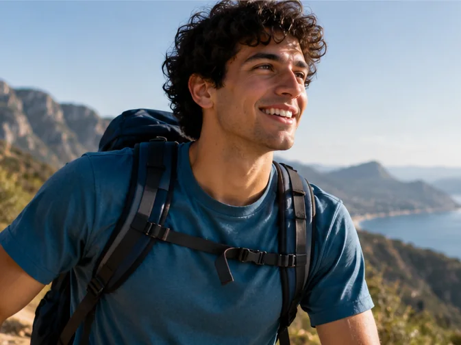 Ragazzo sorridente in montagna, libero dagli occhiali