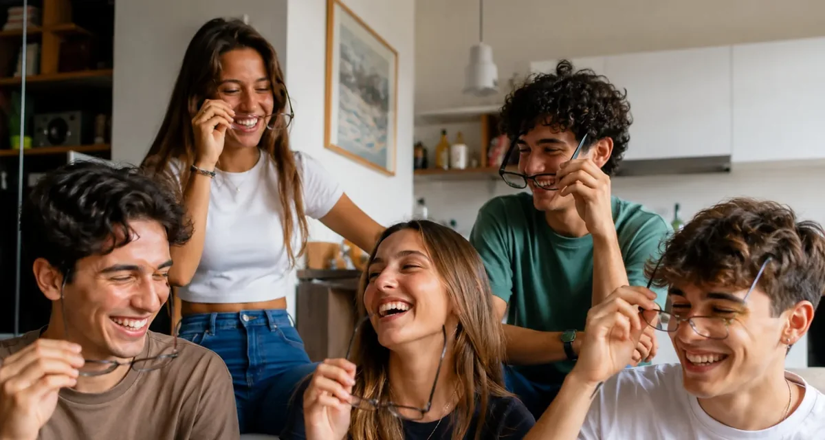 Ragazzi sorridenti che si tolgono gli occhiali