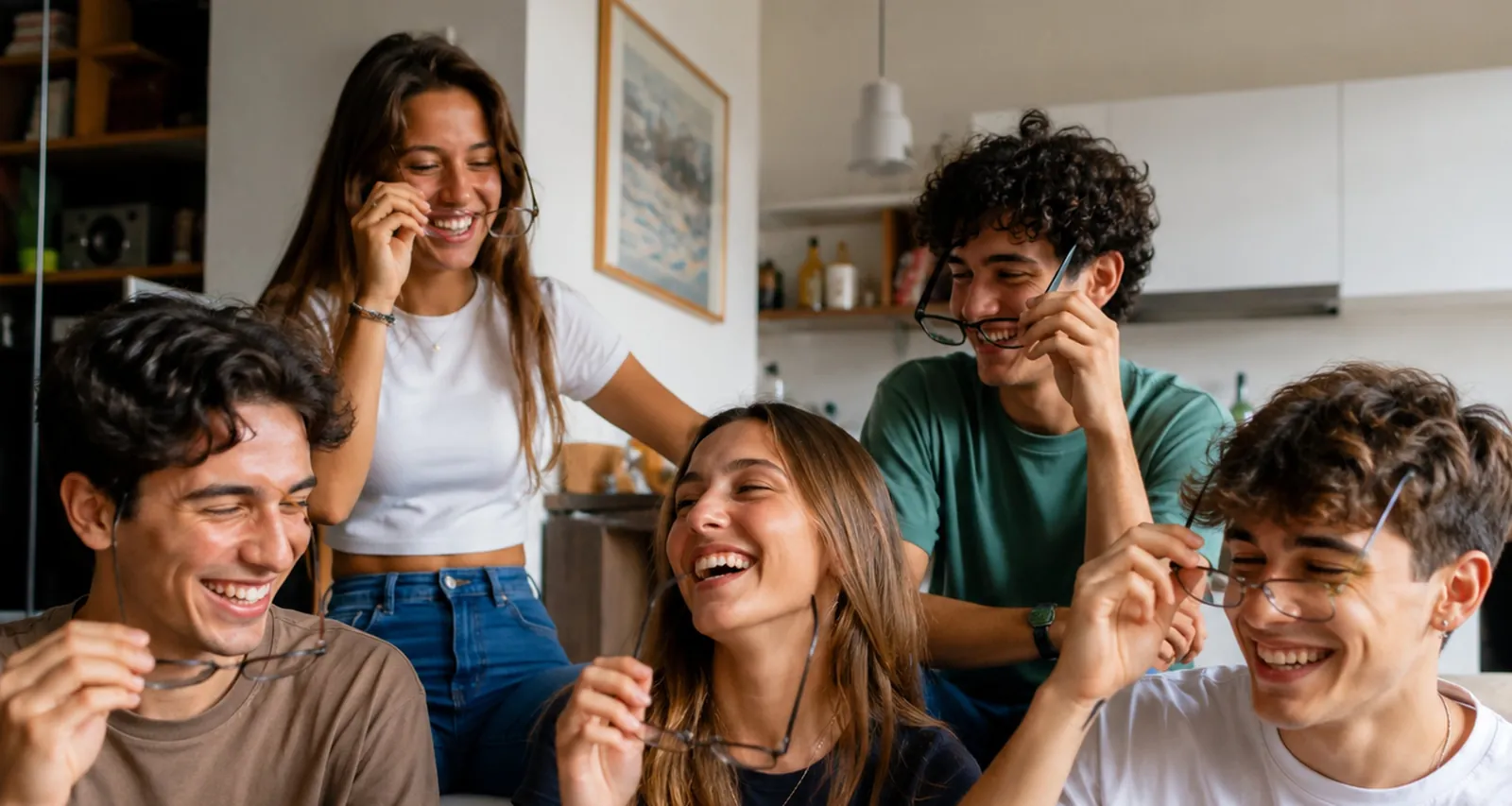 Ragazzi sorridenti che si tolgono gli occhiali